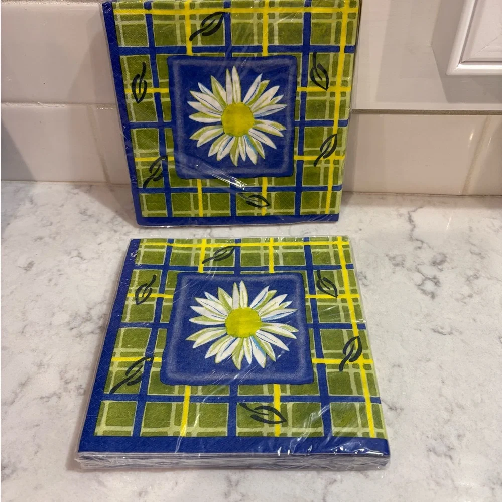 Daisy Square Cocktail Napkins - Blue, Green & Yellow
